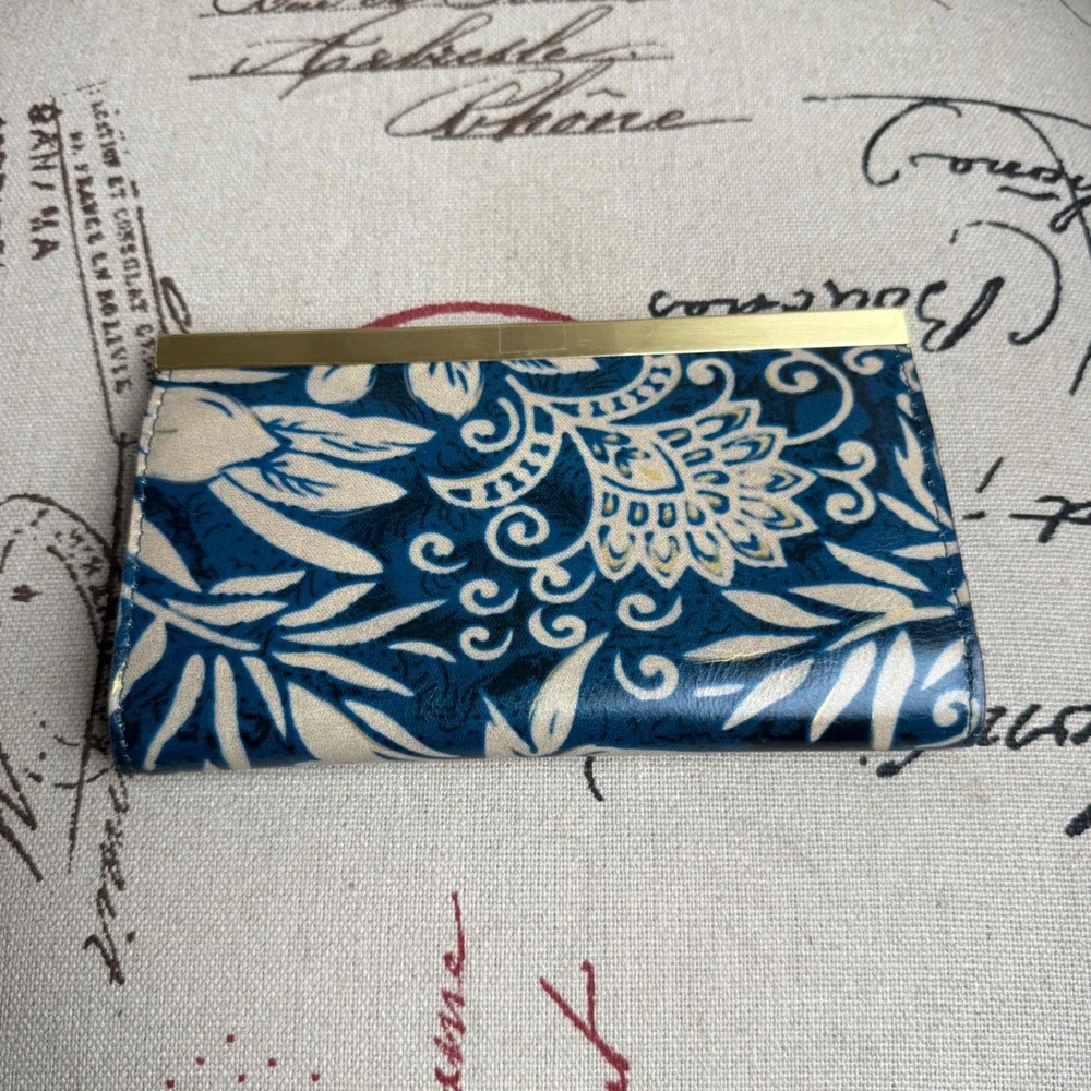Patricia Nash Blue Floral Batik Leather Frame Wallet Gold Tone Clasp Clutch